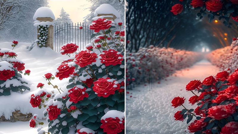 The Resplendent Roses Blooming on the Snow-Covered Path: A Delightful Winter Sight